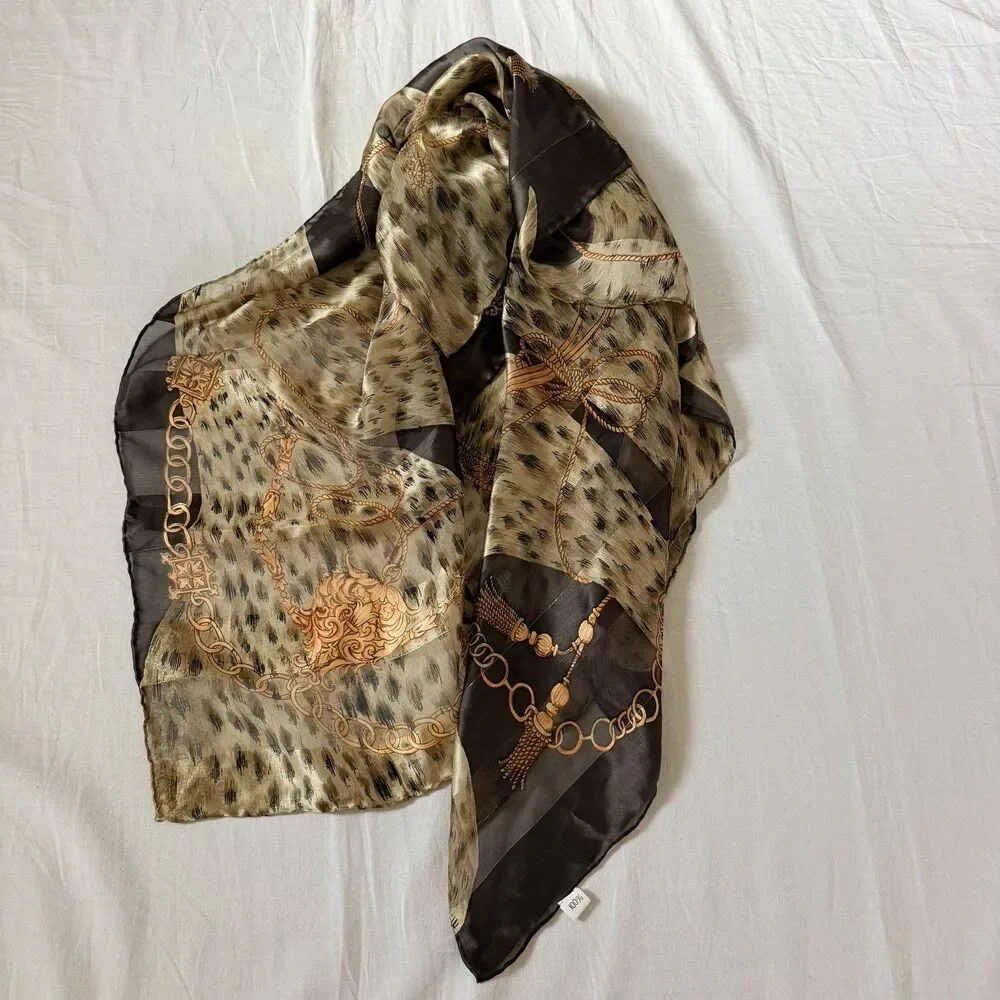 Vintage Silk Scarf Brown Gold Equestrian Chain Tassel Metallic Square 35x35